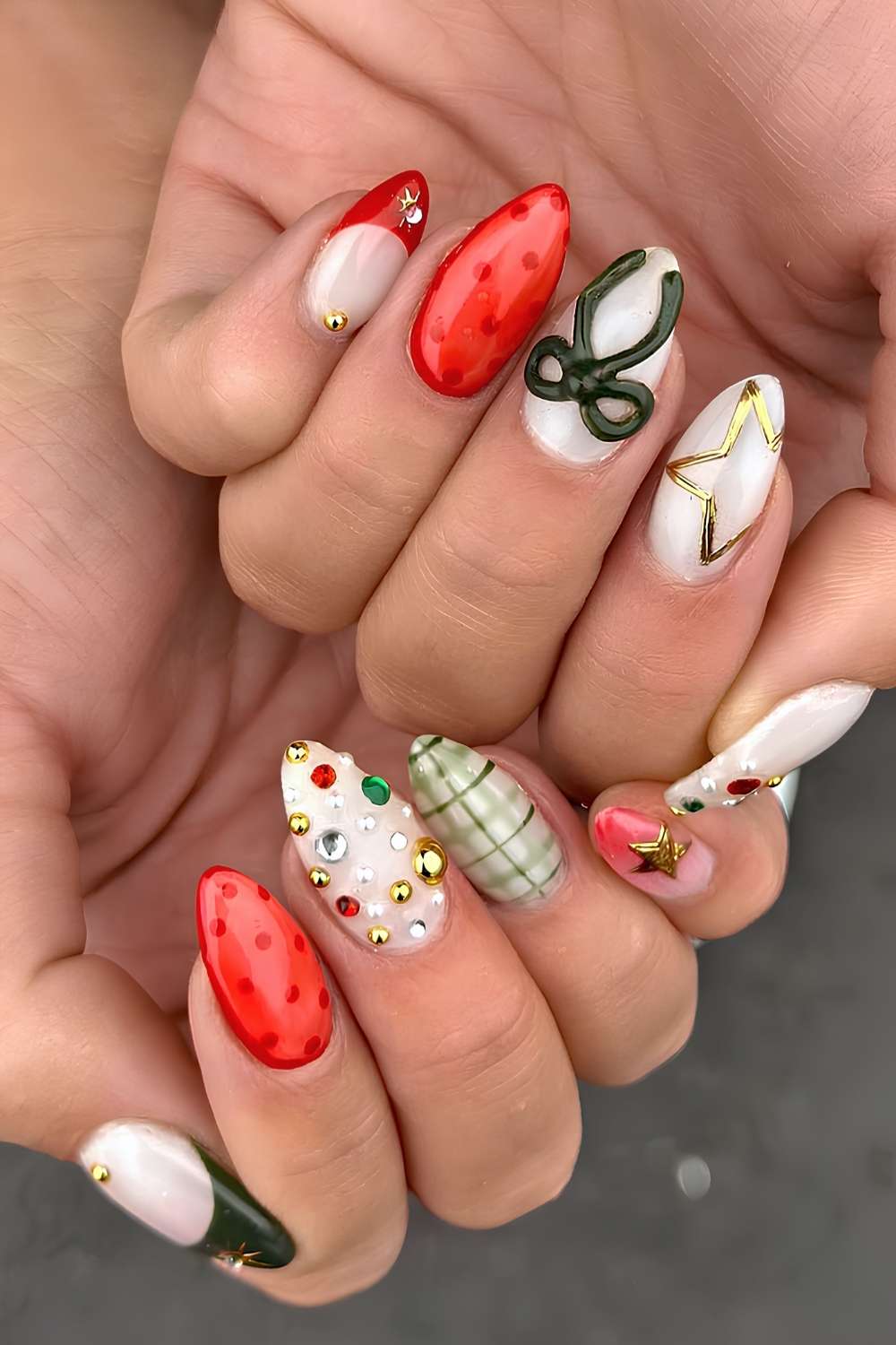Mismatched Almond Nails with Plaid, Polka Dots and 3D Bows holiday nails