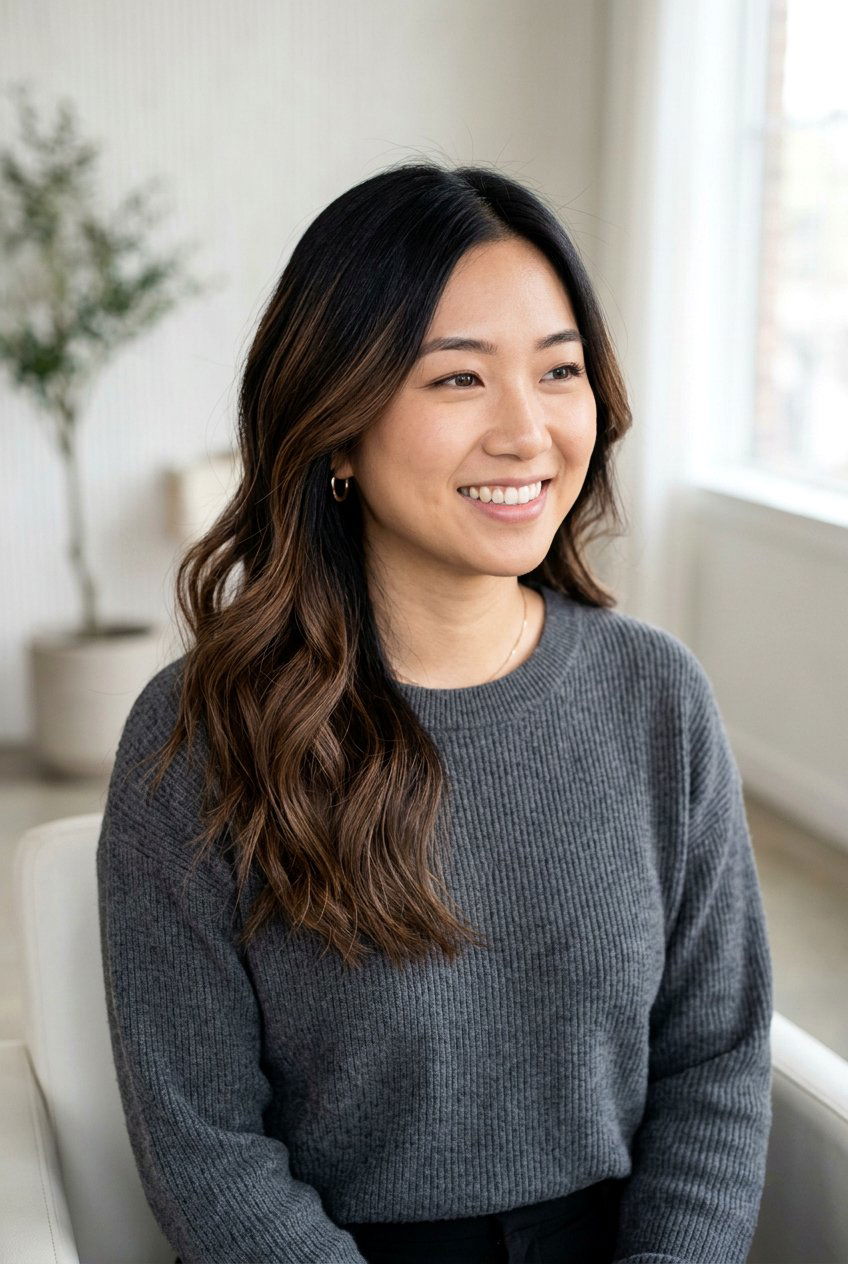 Mocha balayage ribbons on near-black hair