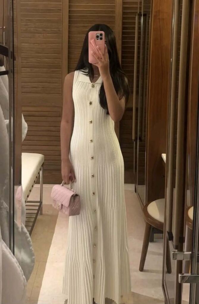 Cream ribbed maxi dress with a pastel quilted bag church outfit