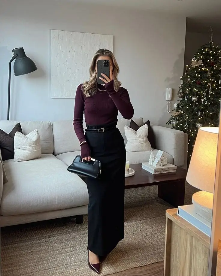 Merlot mock-neck top with a belted column skirt church outfit