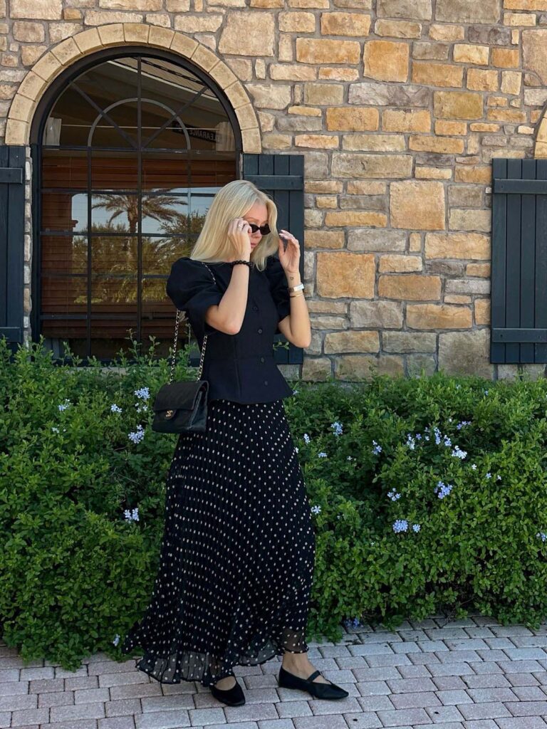 Puff-sleeve peplum top with a polka dot pleated skirt church outfit