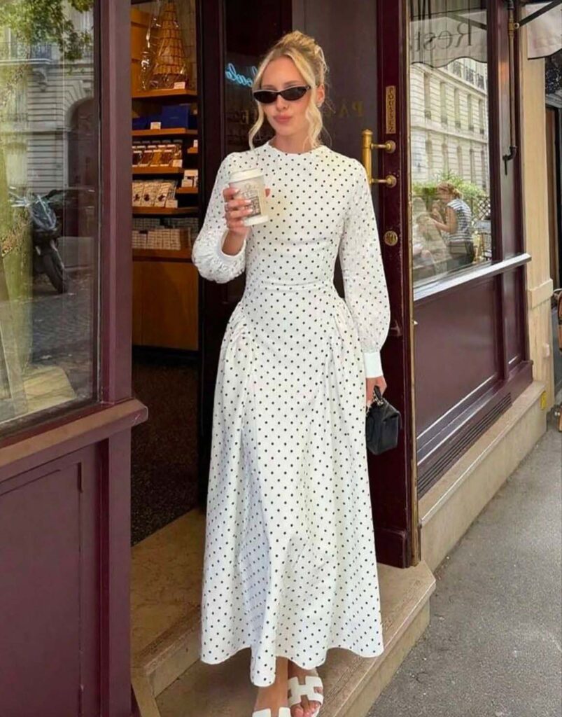 Polka dot mock-neck gown with a micro bag church outfit