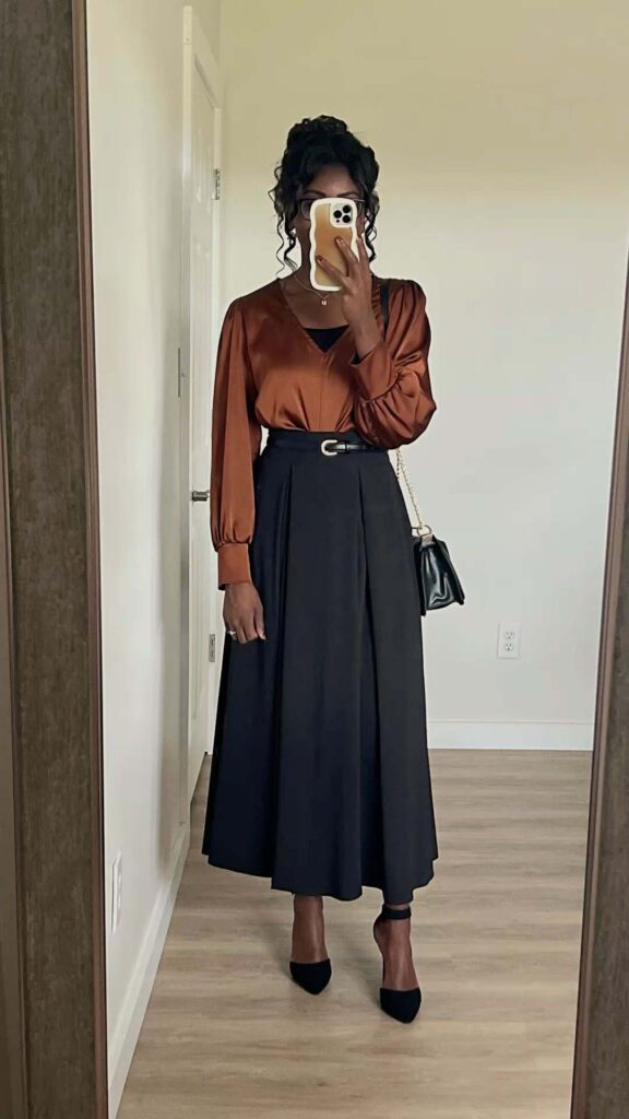 Copper satin blouse with a black high-waist maxi skirt church outfit