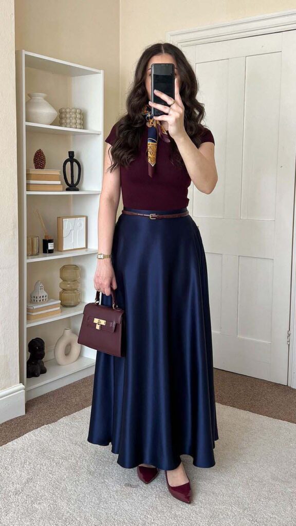 Burgundy knit with a navy satin skirt and silk scarf church outfit