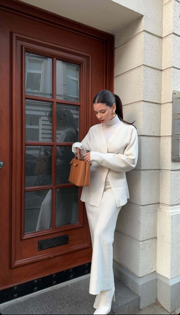 All-white ribbed knit set with a camel handbag church outfit