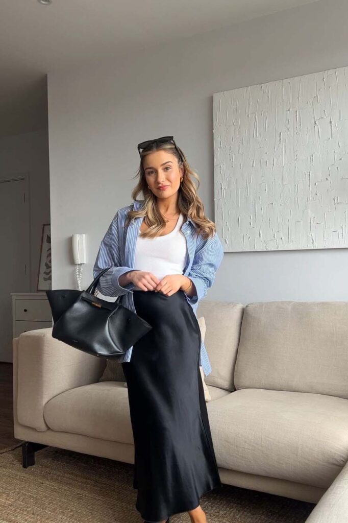 Blue pinstripe shirt with a black silk slip skirt church outfit
