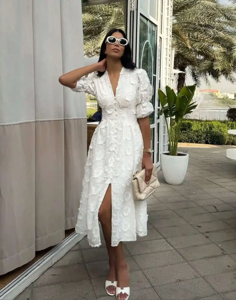 Puff-sleeve floral midi dress with white slides church outfit
