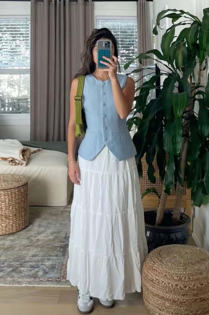 Blue pinstripe vest with a tiered white maxi skirt church outfit