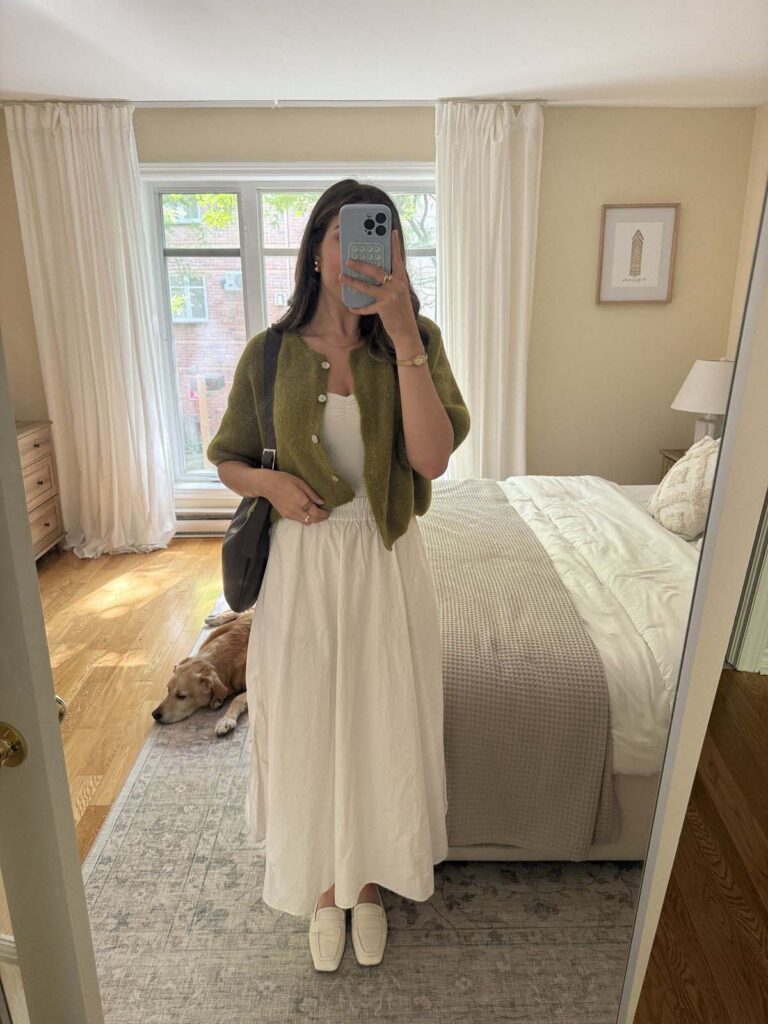 Moss green cardigan with a white linen skirt church outfit