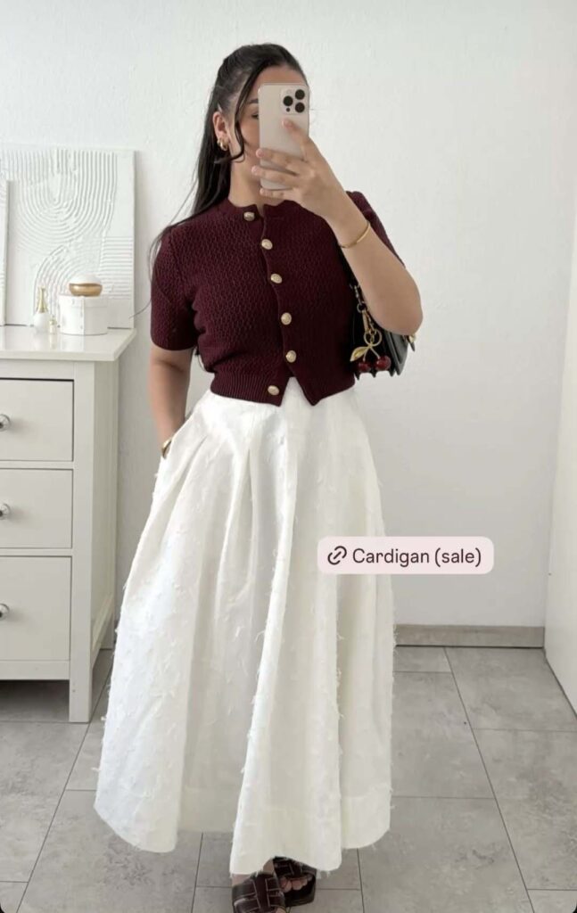 Burgundy cardigan with a floral maxi skirt church outfit