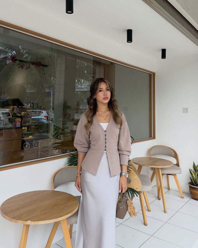 Peplum cardigan with a champagne silk maxi skirt church outfit