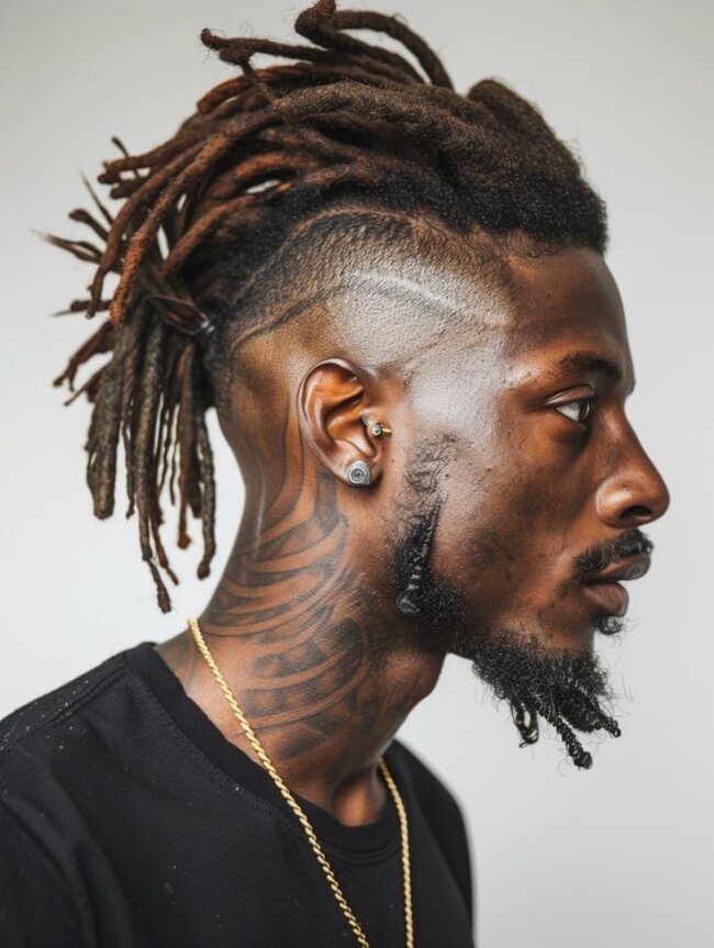 Bold mohawk locs with a clean centre section