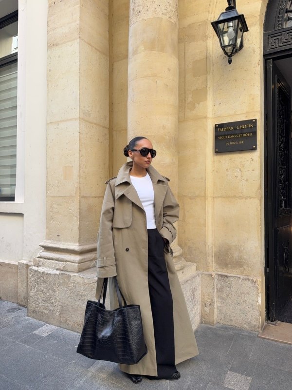A Monochrome Beige Trench Layered Over Cream Tailoring casual work outfit