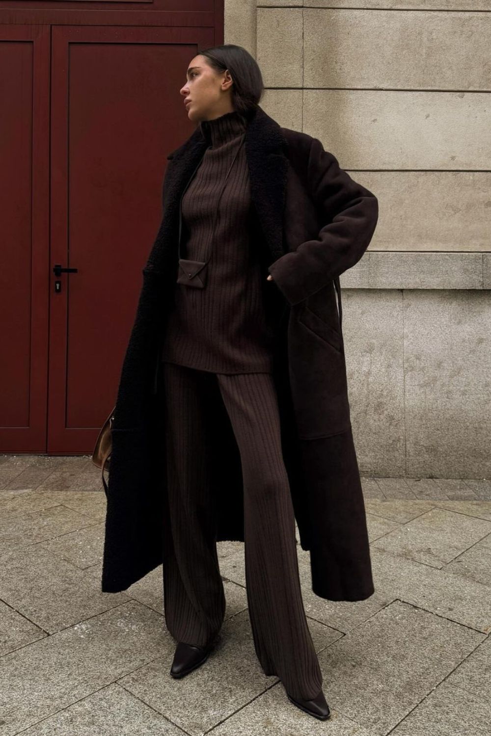 Monochrome ribbed knit set under a long brown coat brown outfit