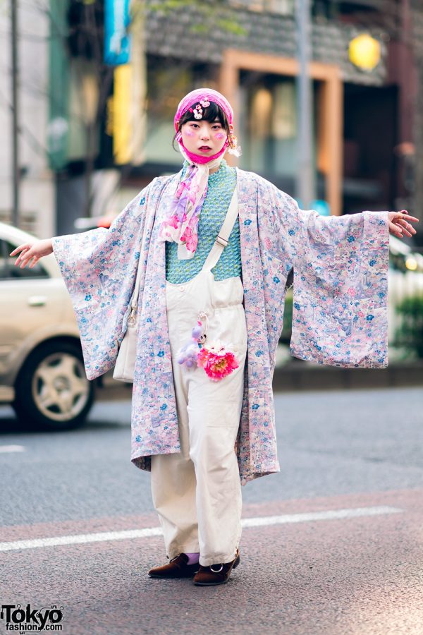 Sakura Kimono Streetwear with Overalls and a Headscarf Japanese outfit