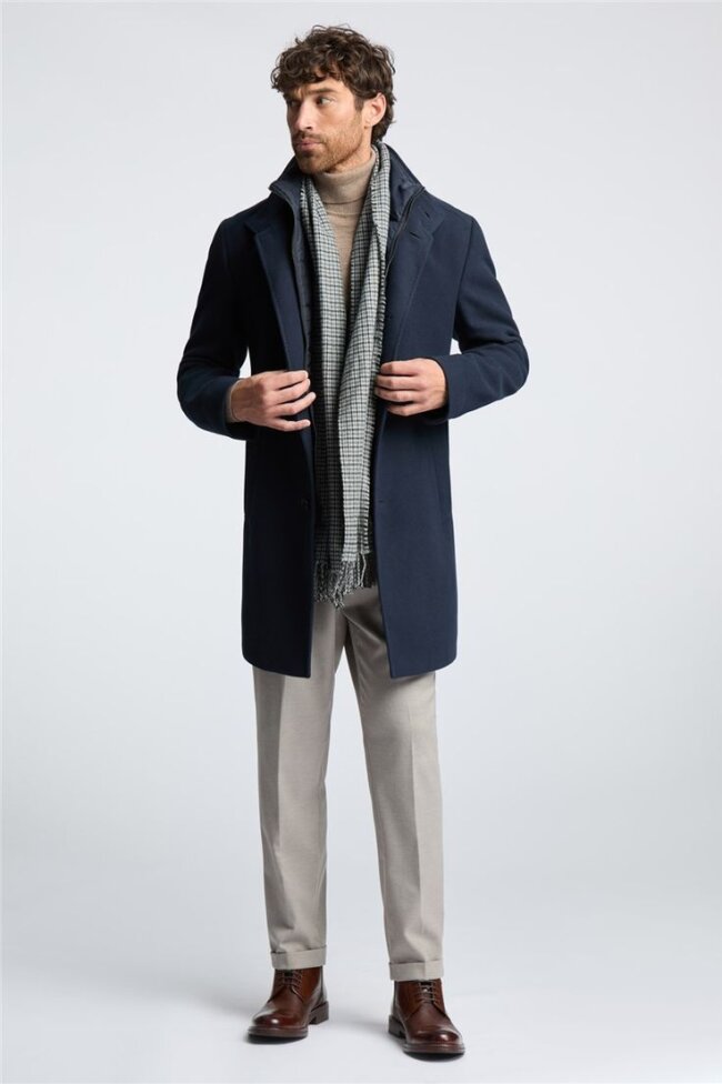 Navy Overcoat With Light-Wash Jeans men's winter outfit