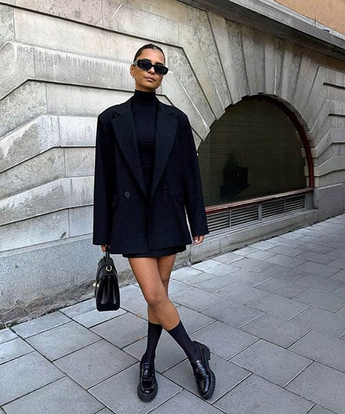Navy Sweater Dress, Oversized Blazer and Long Socks loafer outfit
