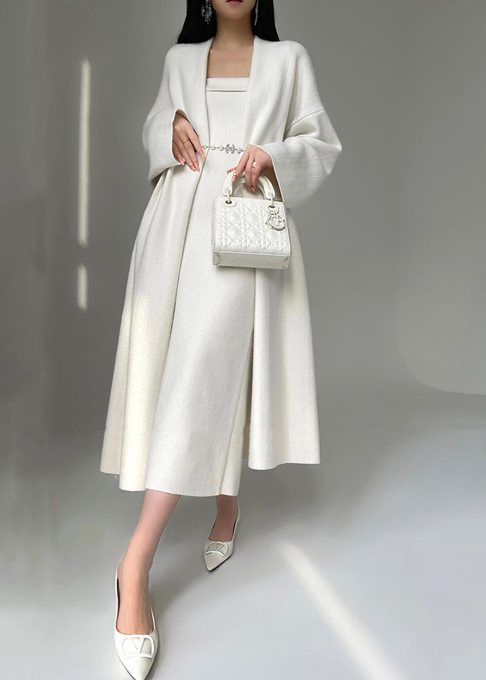 White midi dress with knit cardigan brunch outfit