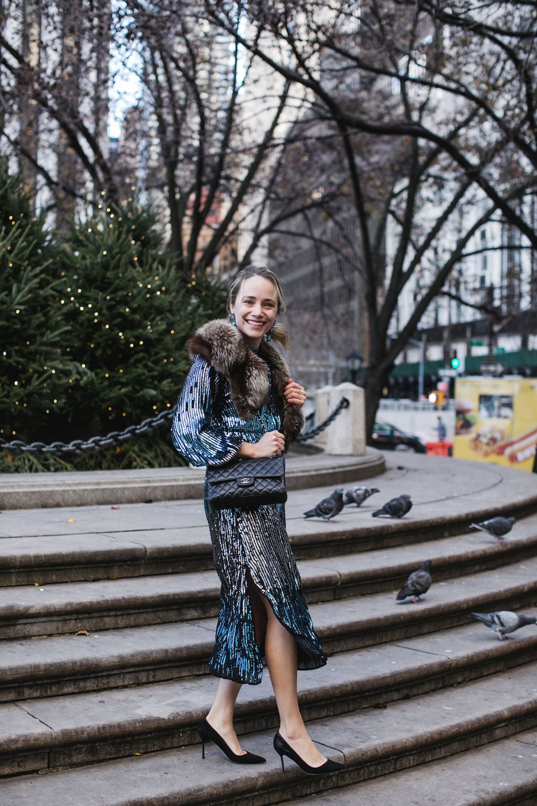 Blue Sequin Midi Dress With a Faux Fur Stole winter formal dress