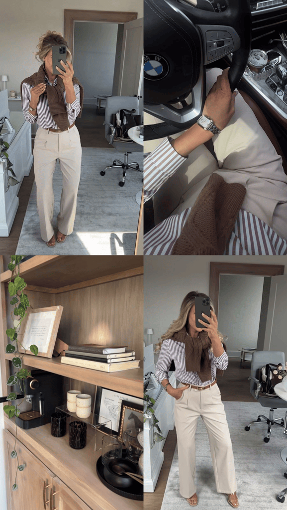 Brown striped button-down shirt with wide-leg trousers