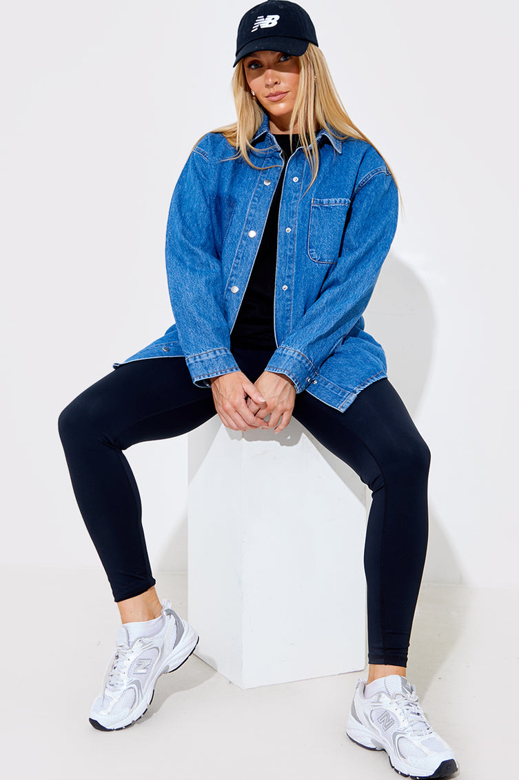 Oversized Denim Shirt with Black Leggings for Errands and Sofa Time house outfit idea