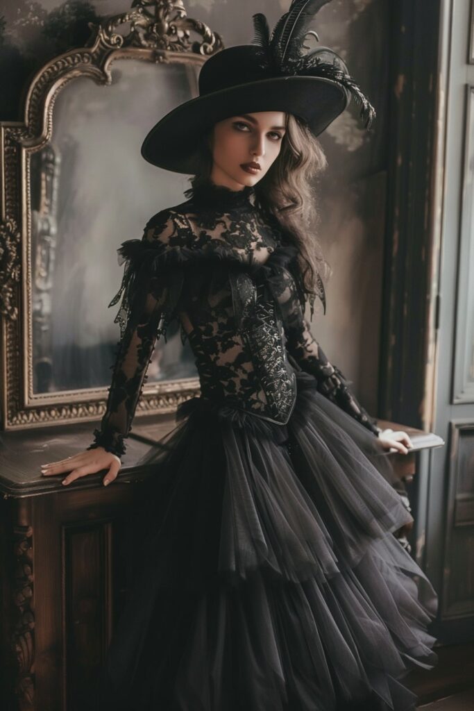 Corset Wedding Dress with a Lace Choker and Vintage Gloves goth outfit