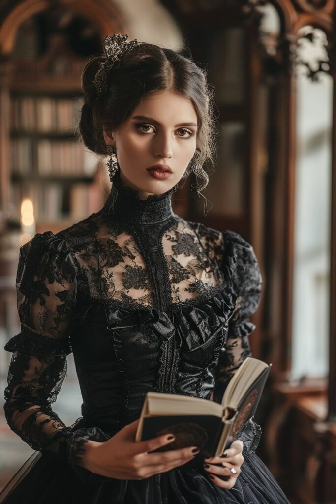 Cobweb Lace Dress with a High Ruffle Collar goth outfit