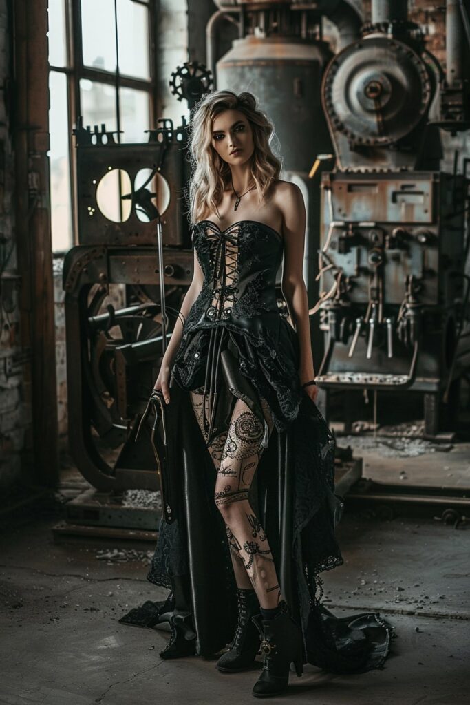 Steampunk Corset with a Ruffled Blouse and Gear-Print Skirt goth outfit