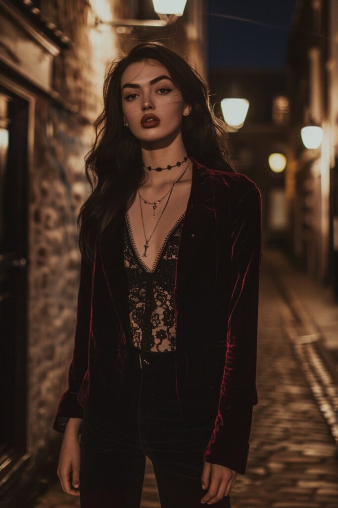 Black Jumpsuit with Lace Panels and a Crushed Velvet Jacket goth outfit