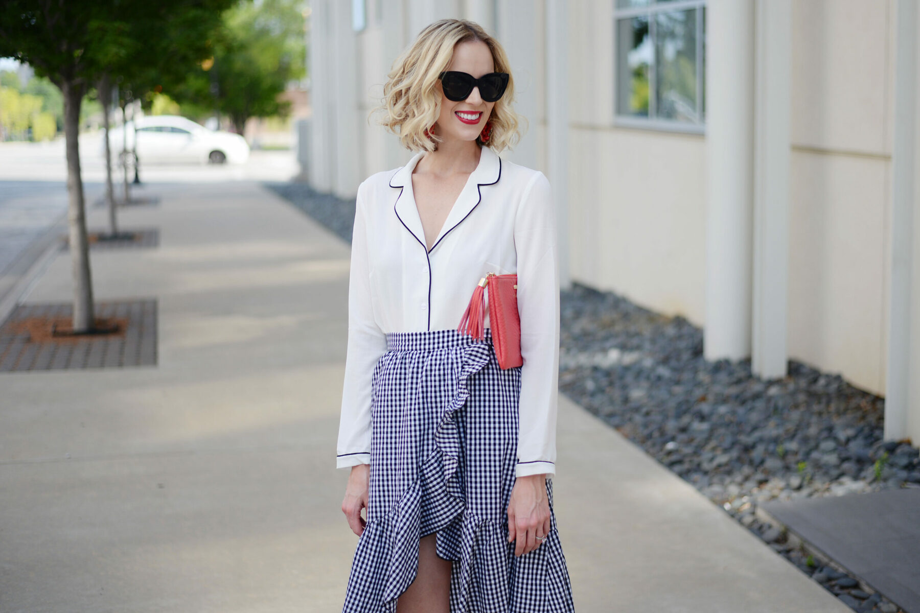 Gingham skirt worn with a relaxed pajama-style top