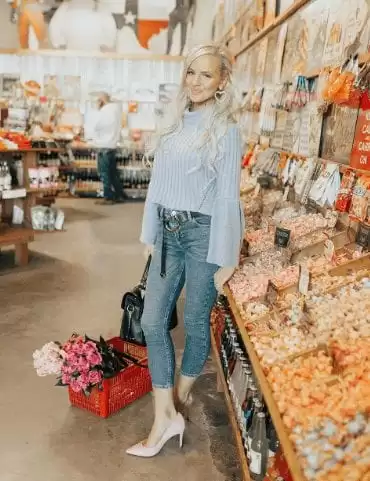 Pale blue knit sweater and high-waisted jeans weekend outfit
