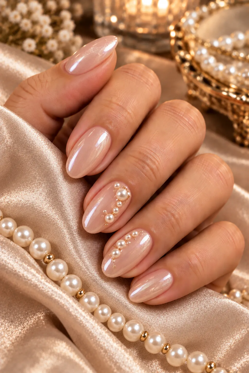 Pearl Almond Nails with a Soft Winter Sheen almond winter nail design