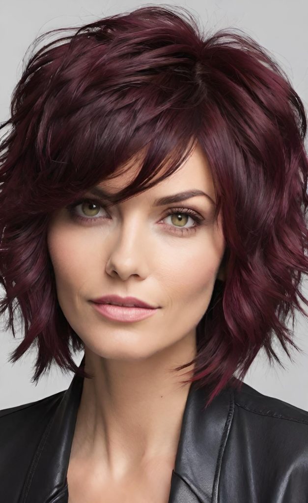 Side-swept bangs with burgundy layered hair