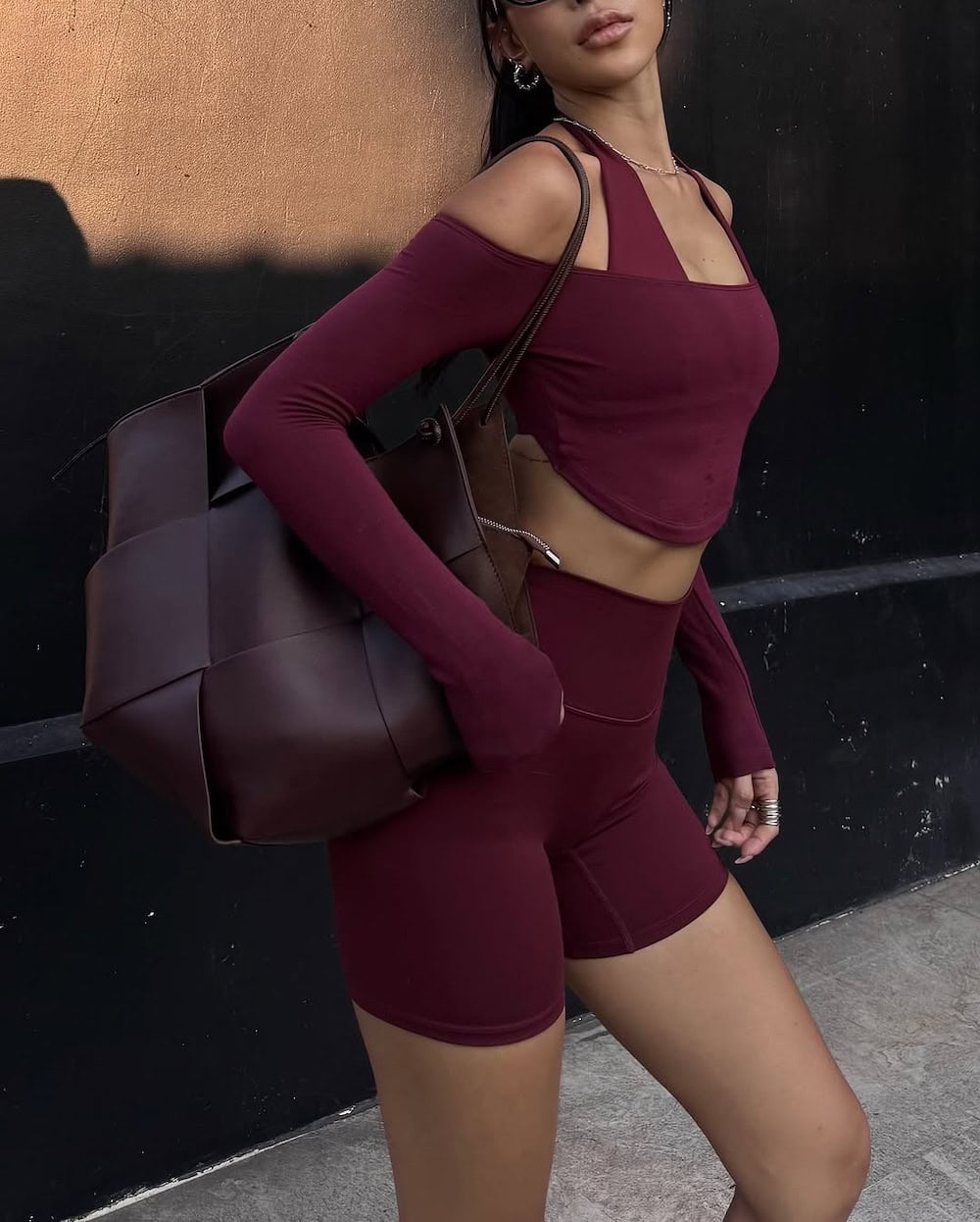 Berry bike shorts set with off shoulder shrug pilates outfit