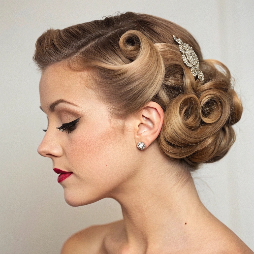 Sculpted Vintage Curls Pinned Into a Classic Updo holiday hairstyle