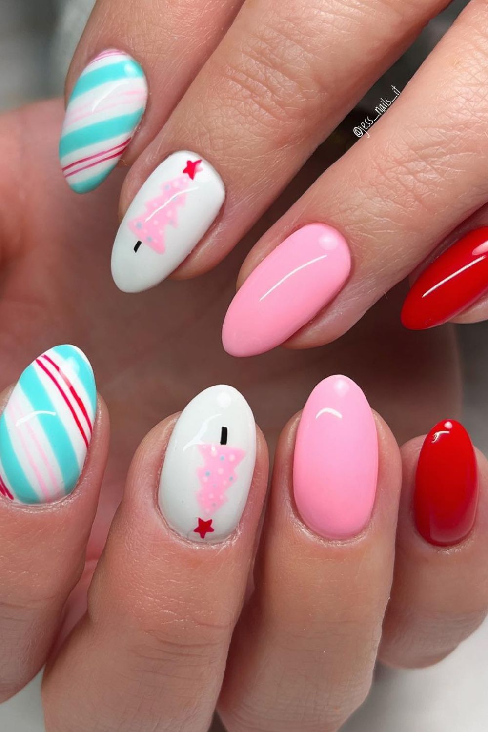 Pink Candy Cane Christmas Nails snowflake nail art design