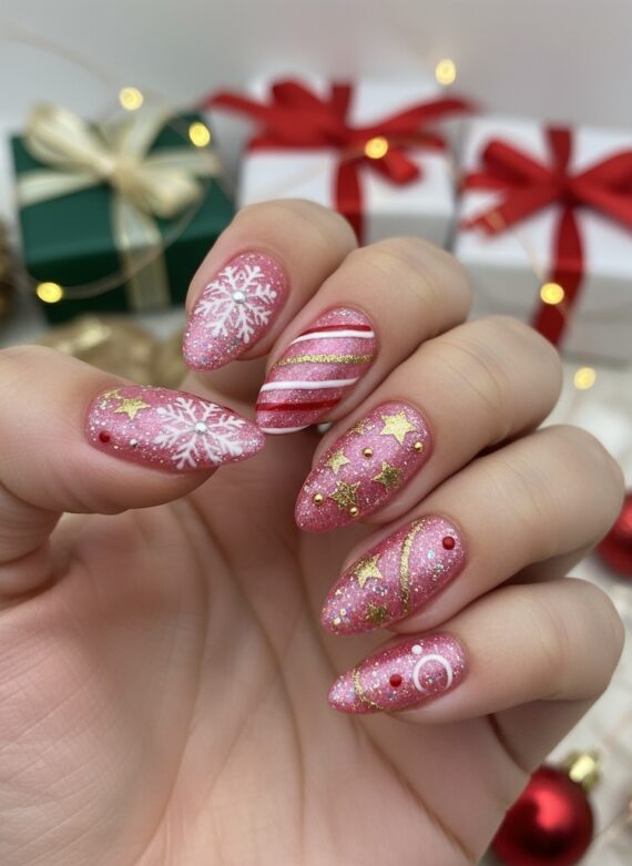 Pink Candy Cane Stripes With Snowflakes and Gold Stars festive Christmas nail art