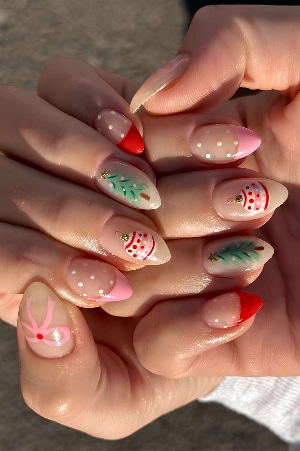 Pink and Red French Nails with Ornaments, Bows and Polka Dots holiday nails