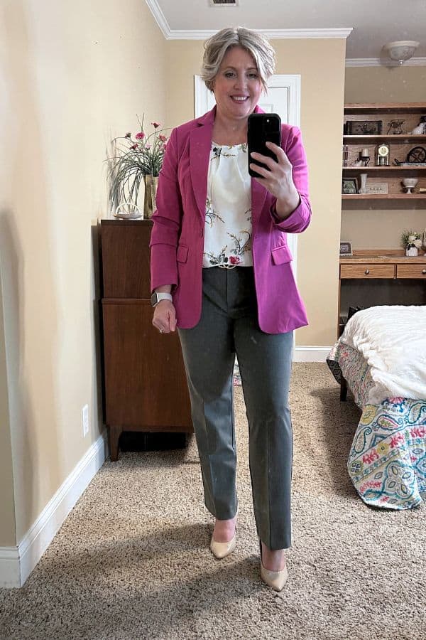 Plum Blazer with a Floral Top and Grey Trousers teacher outfit
