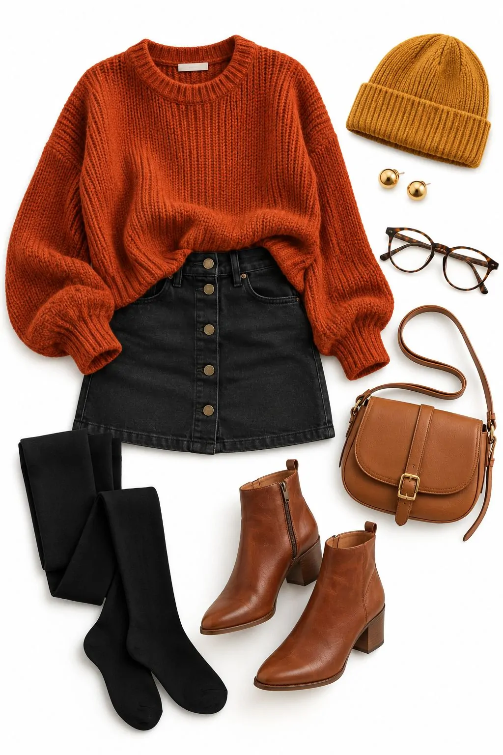 Chunky rust sweater with a black denim mini skirt