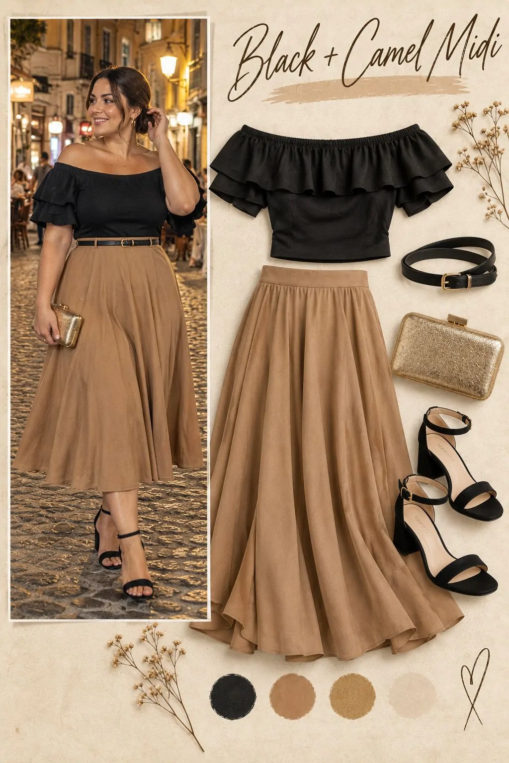 Black off-shoulder top with a flowing camel midi skirt