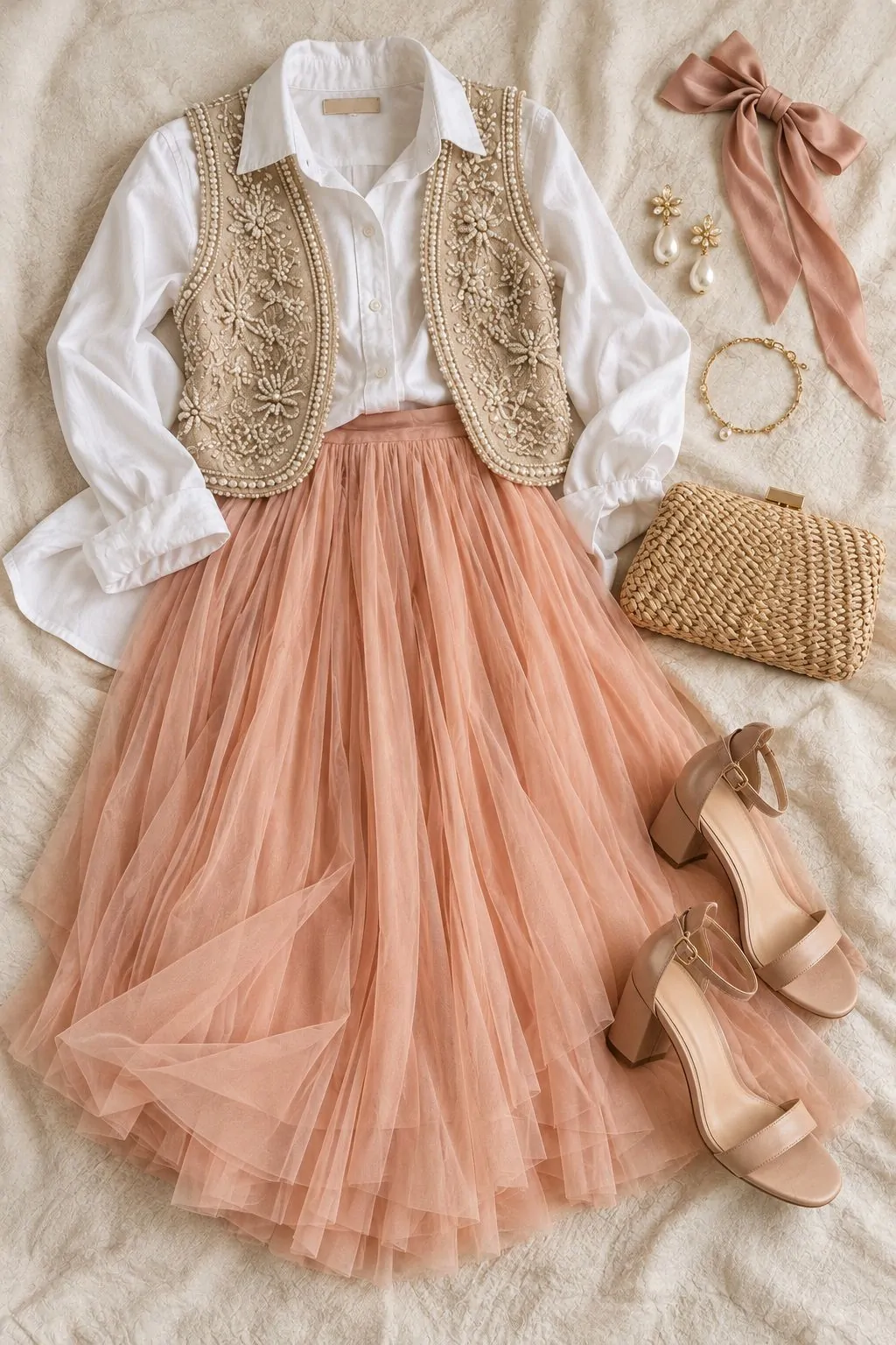 White blouse, embellished vest and peach tulle midi skirt