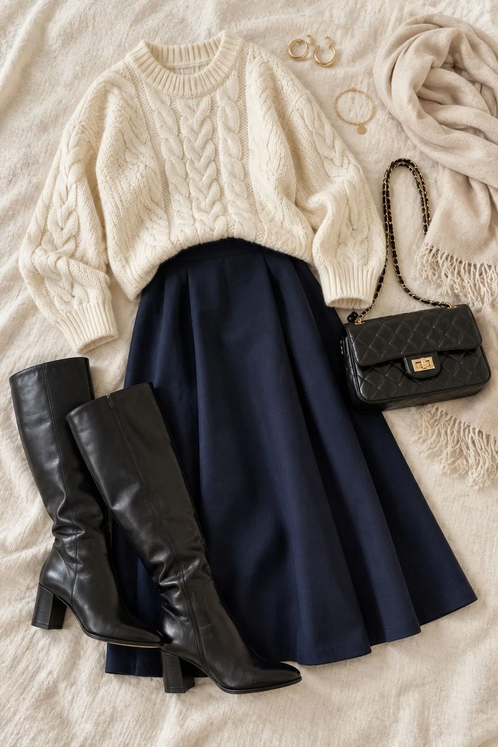 Chunky cream sweater and navy midi skirt outfit