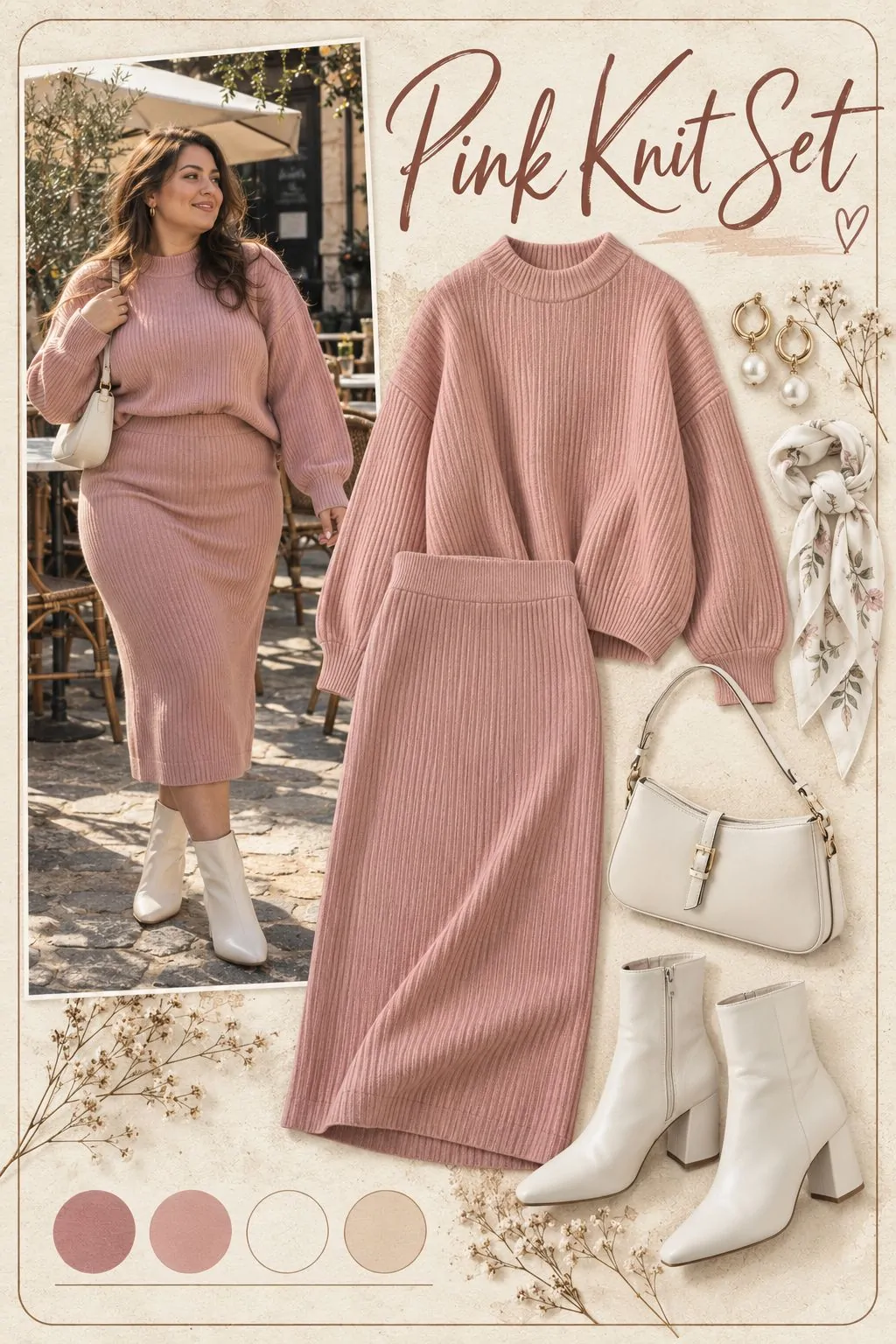Pink ribbed knit skirt set with white ankle boots