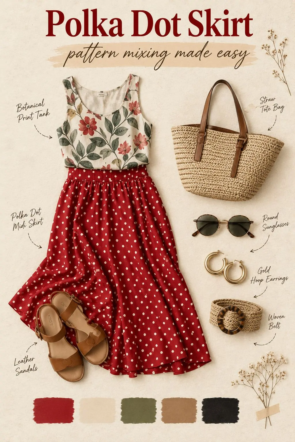 Botanical tank paired with a red polka dot midi skirt