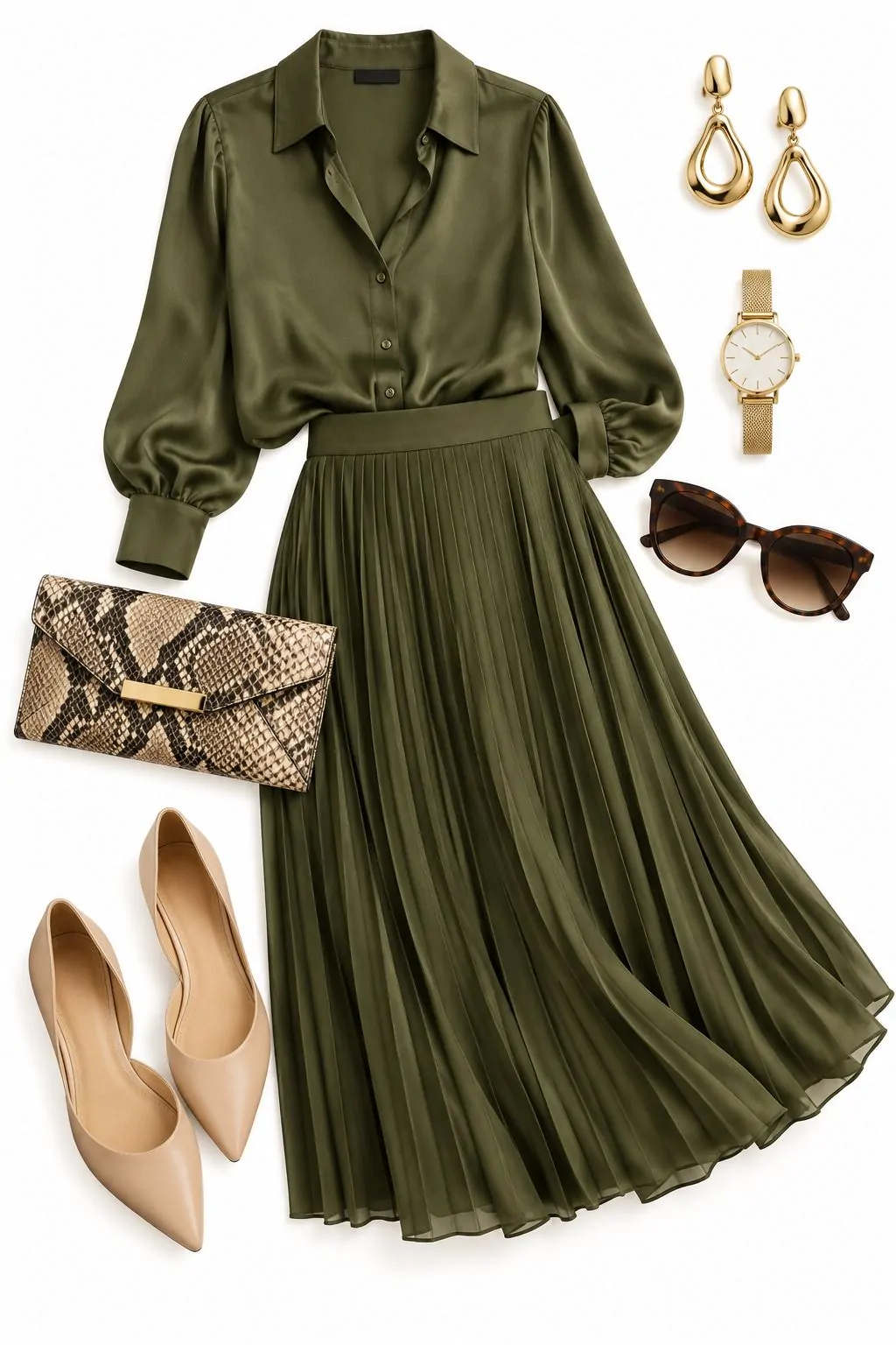 Olive pleated midi skirt with a matching silk blouse