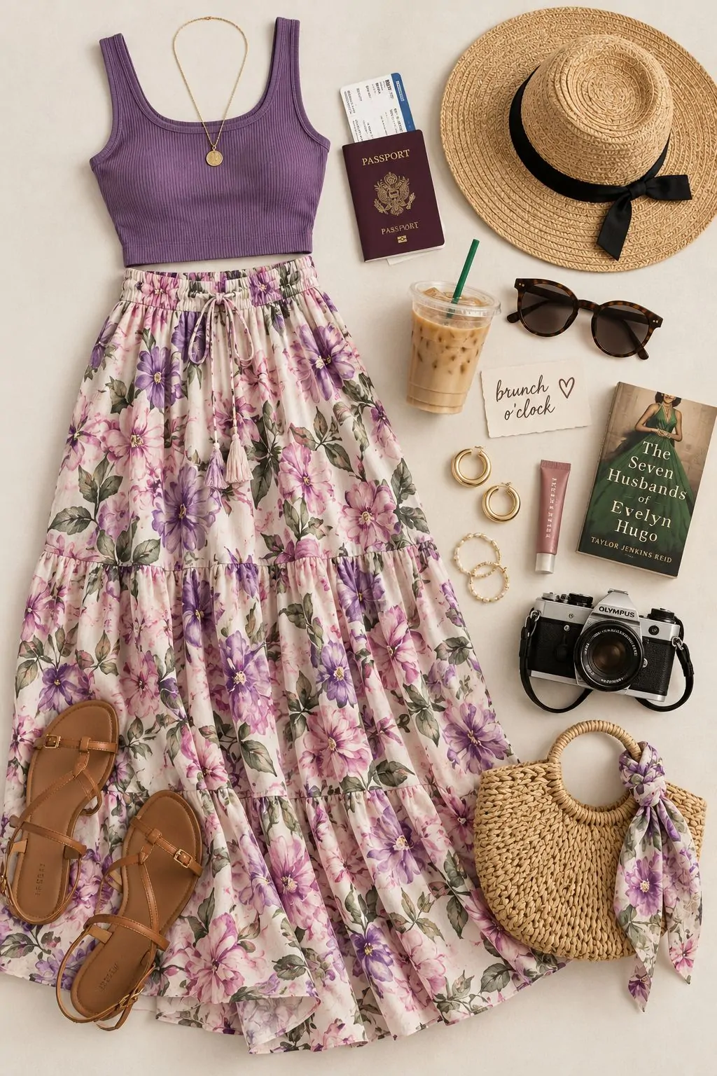 Purple crop top and high-waisted floral maxi skirt