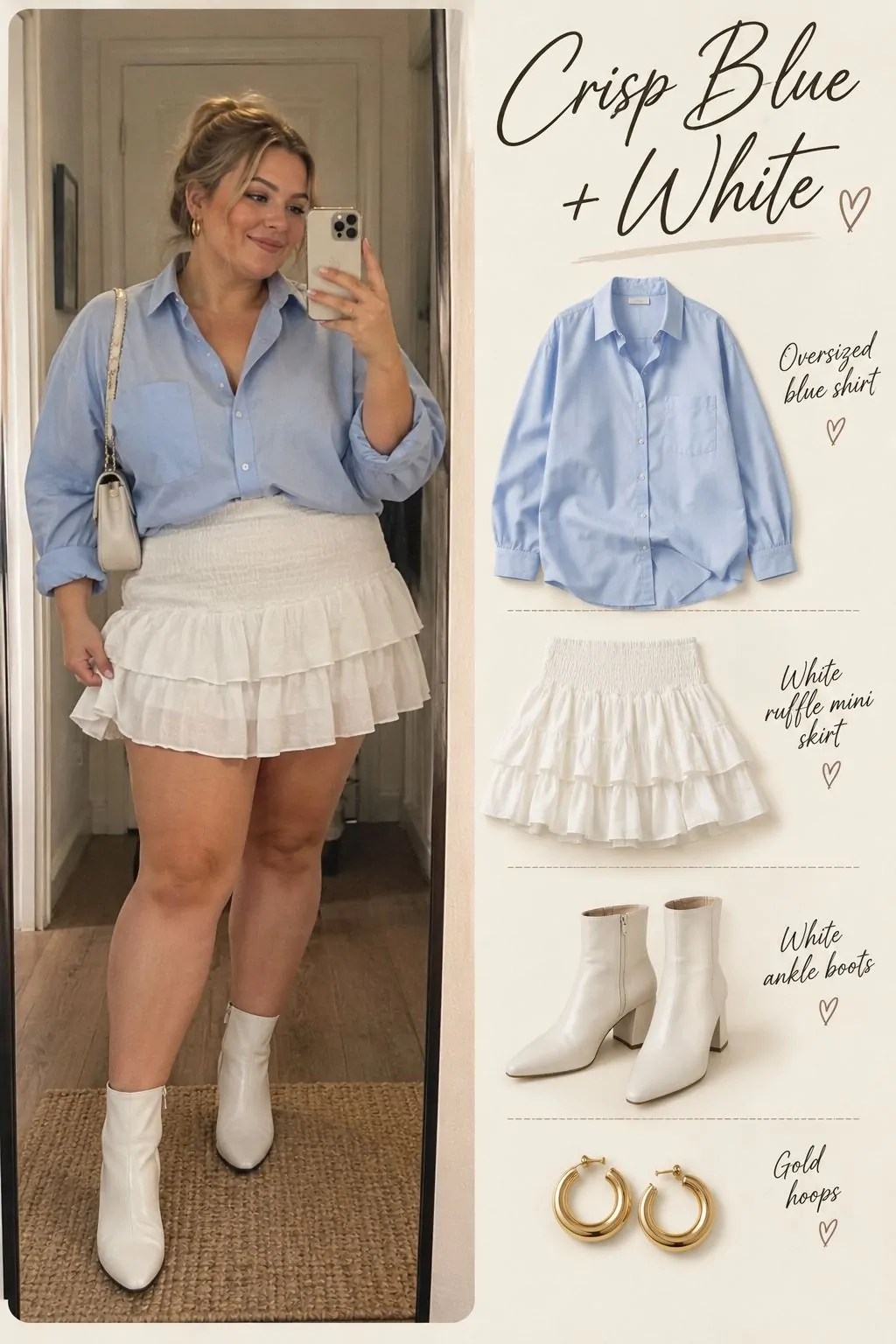 Oversized blue shirt tucked into a white ruffled mini skirt