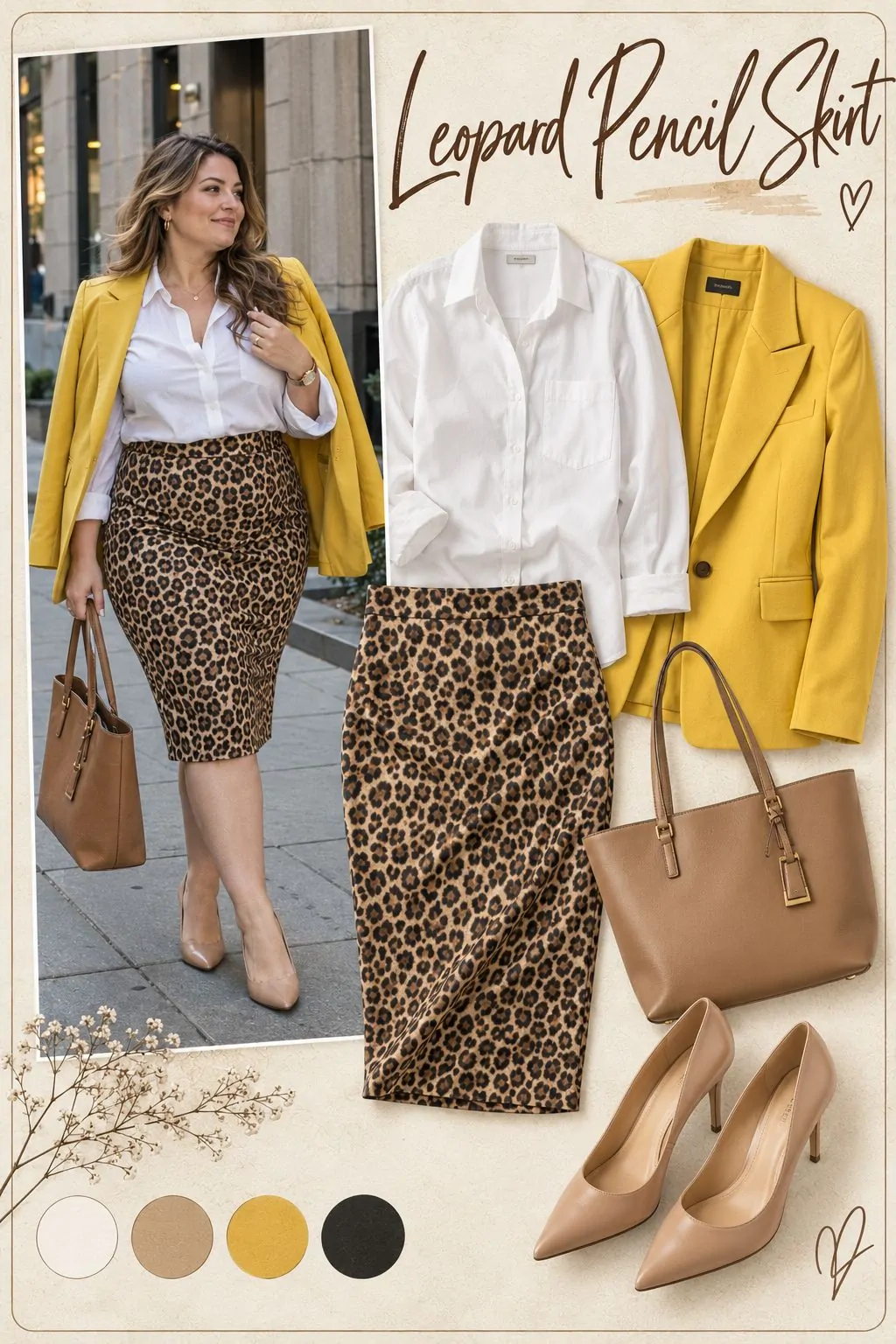 White shirt and leopard pencil skirt with a yellow blazer
