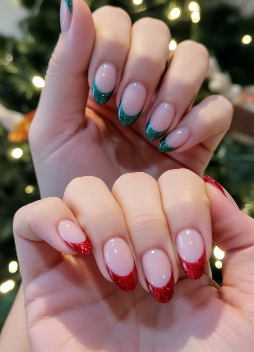 Red and Green Glitter French Tips Christmas French tips nail design
